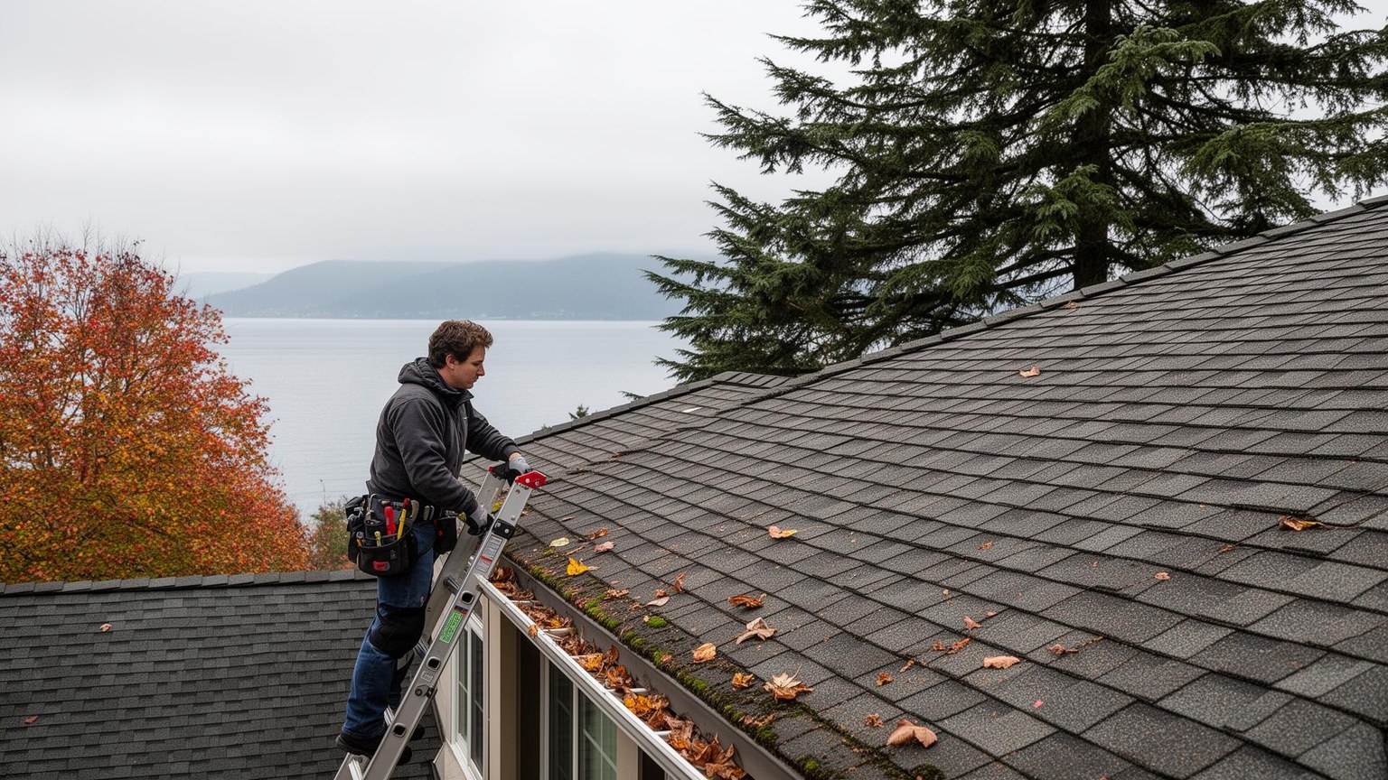 Roofing professional inspecting a residential shingle roof from a ladder