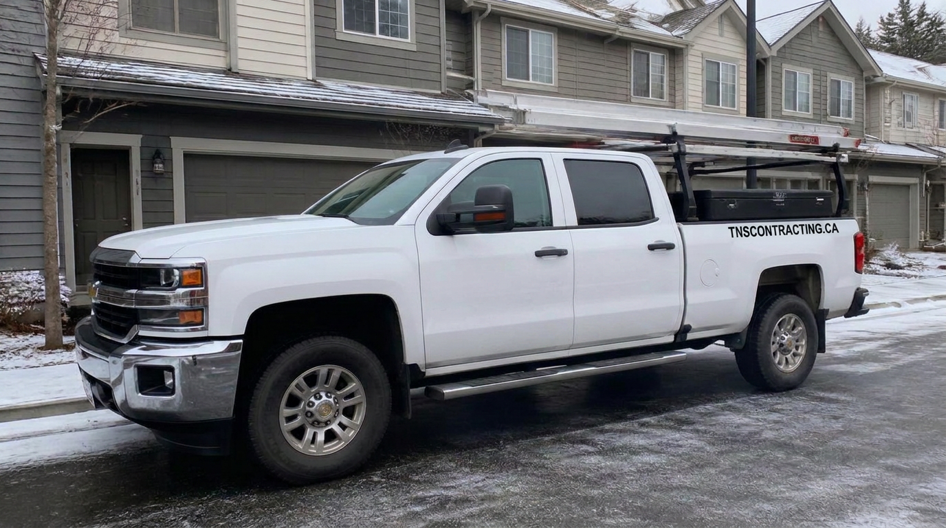 True North Strong Contracting branded work truck on site at a Lower Mainland townhome complex in winter