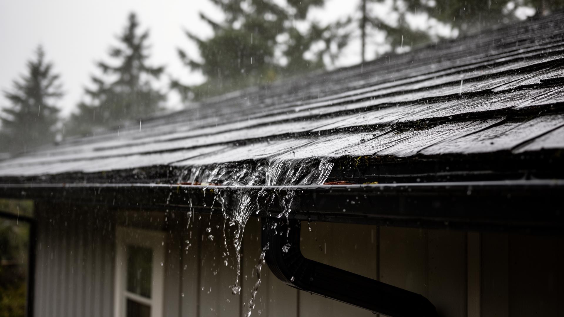 Rainwater sheeting off an aging residential roof and gutter during a coastal BC storm