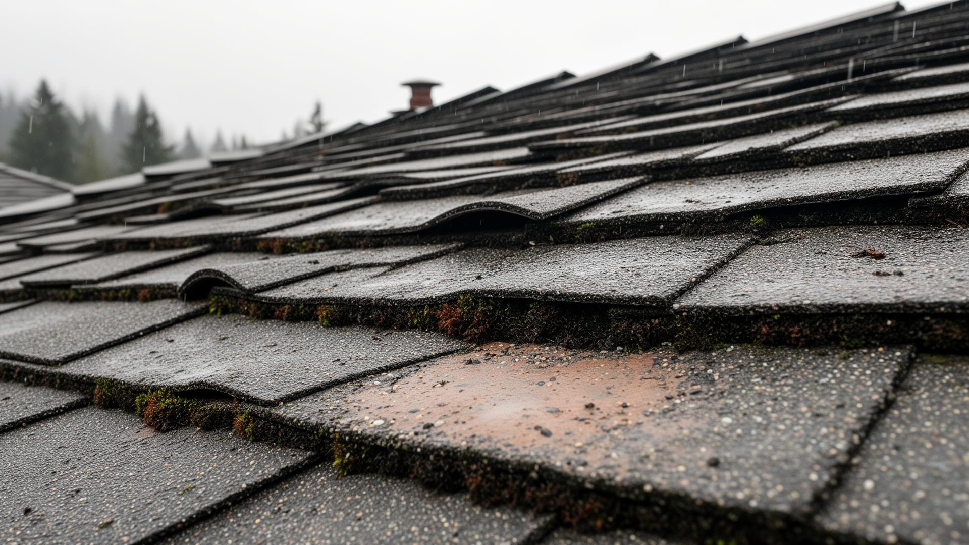 Close-up of weathered asphalt shingles with curling edges, granule loss and moss growth