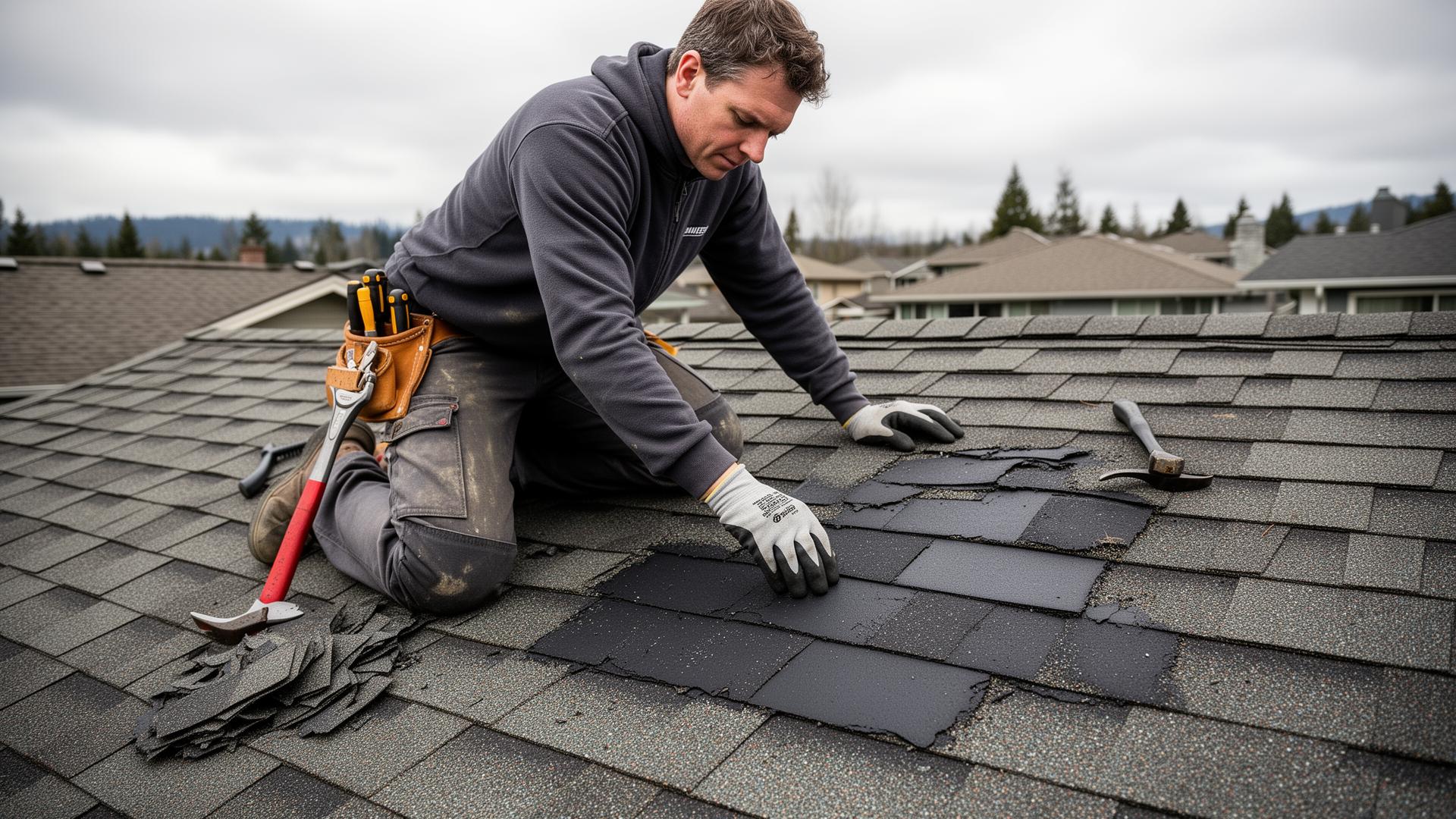 Roofer kneeling on an asphalt shingle roof inspecting a patched section with tools beside him
