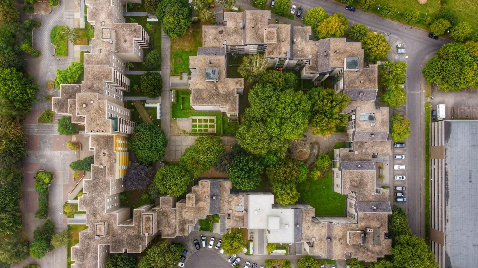 Aerial view of an interconnected multi-building condominium complex
