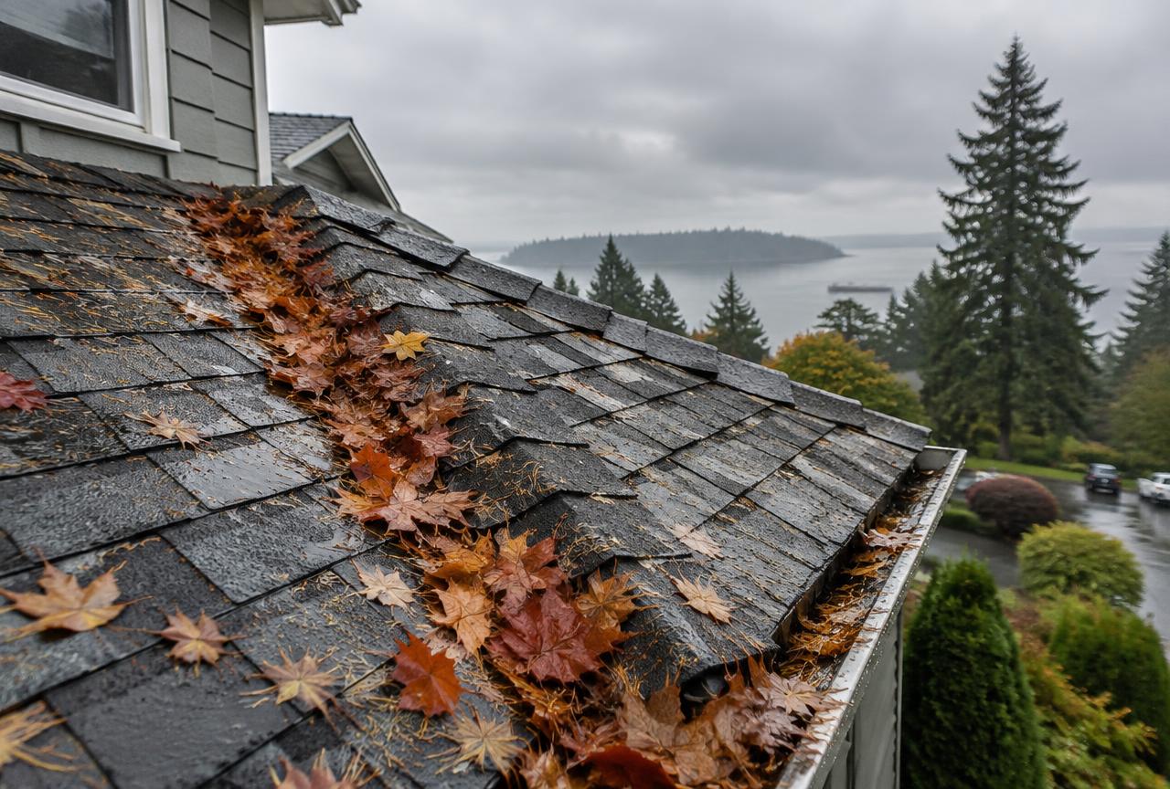 Wet asphalt shingle roof with fallen maple leaves and fir needles collecting in the valley and gutter on an overcast coastal BC autumn day