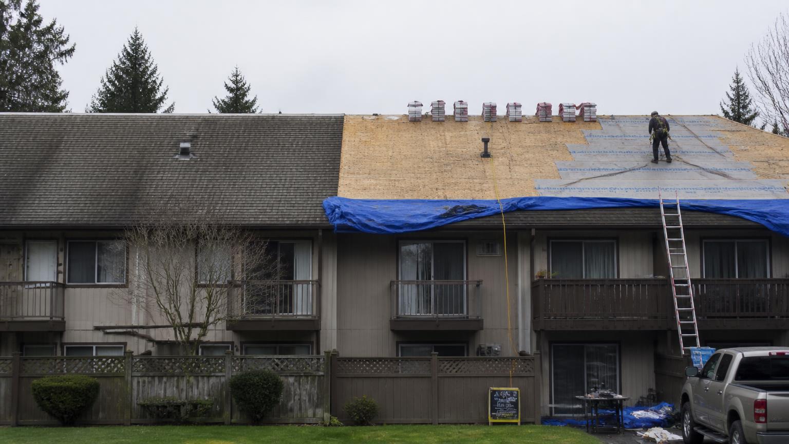 Townhouse building mid phased reroof with one section stripped to sheathing under tarps beside untouched old shingles