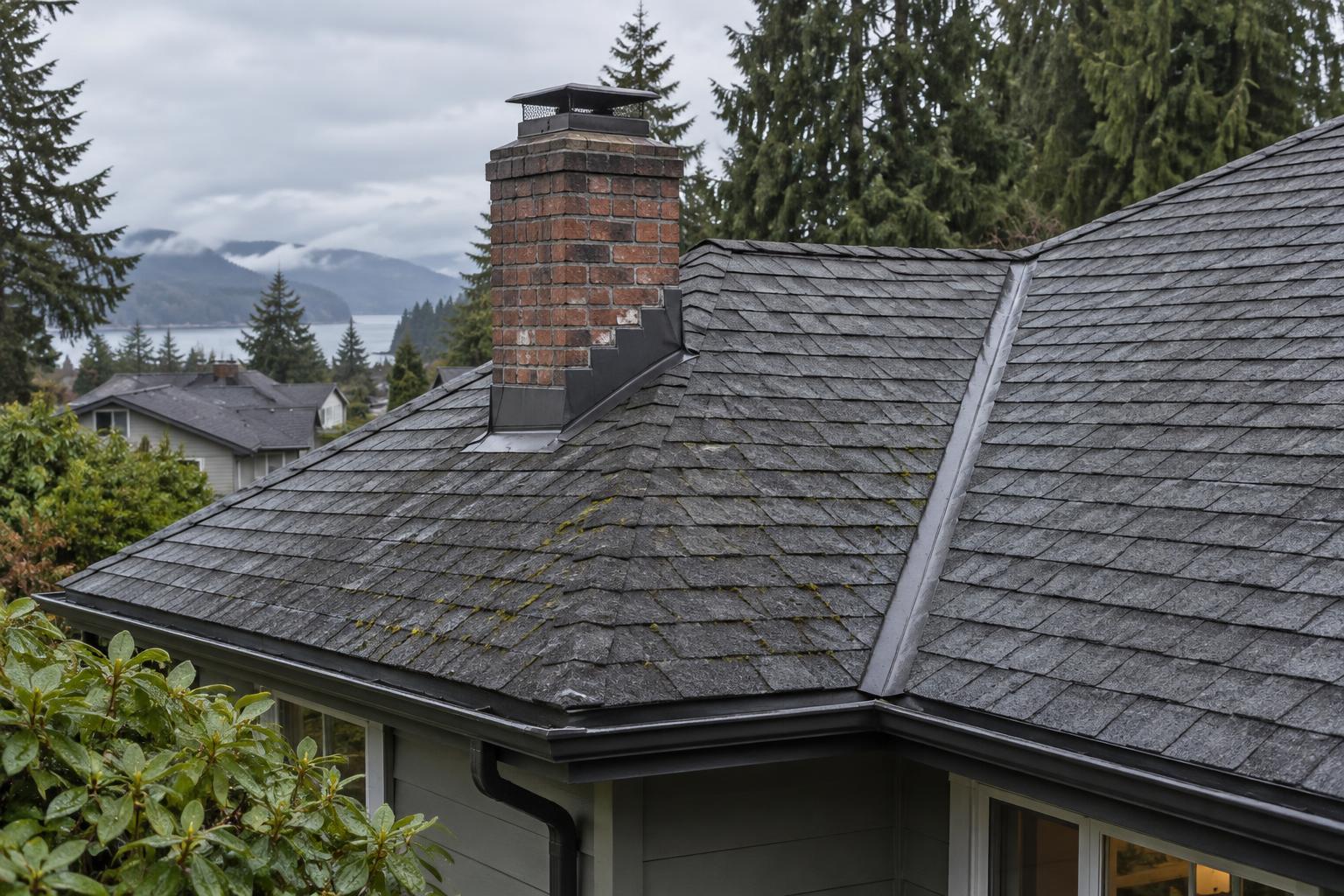 Aging mossy asphalt shingle roof with brick chimney flashing on a coastal BC home