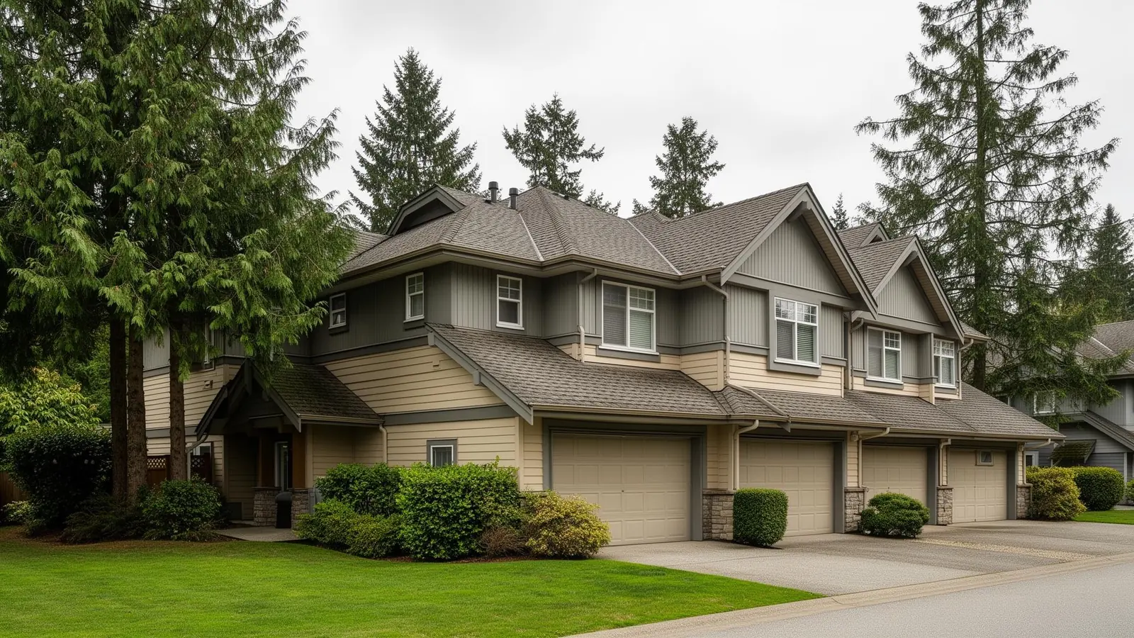 Lower Mainland townhome strata complex with shared pitched asphalt shingle rooflines