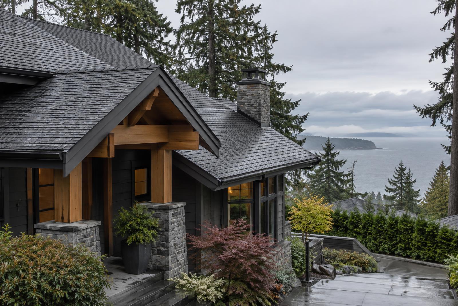 Oceanview West Coast home in White Rock with dark architectural shingles, cedar entry beams and firs after coastal rain
