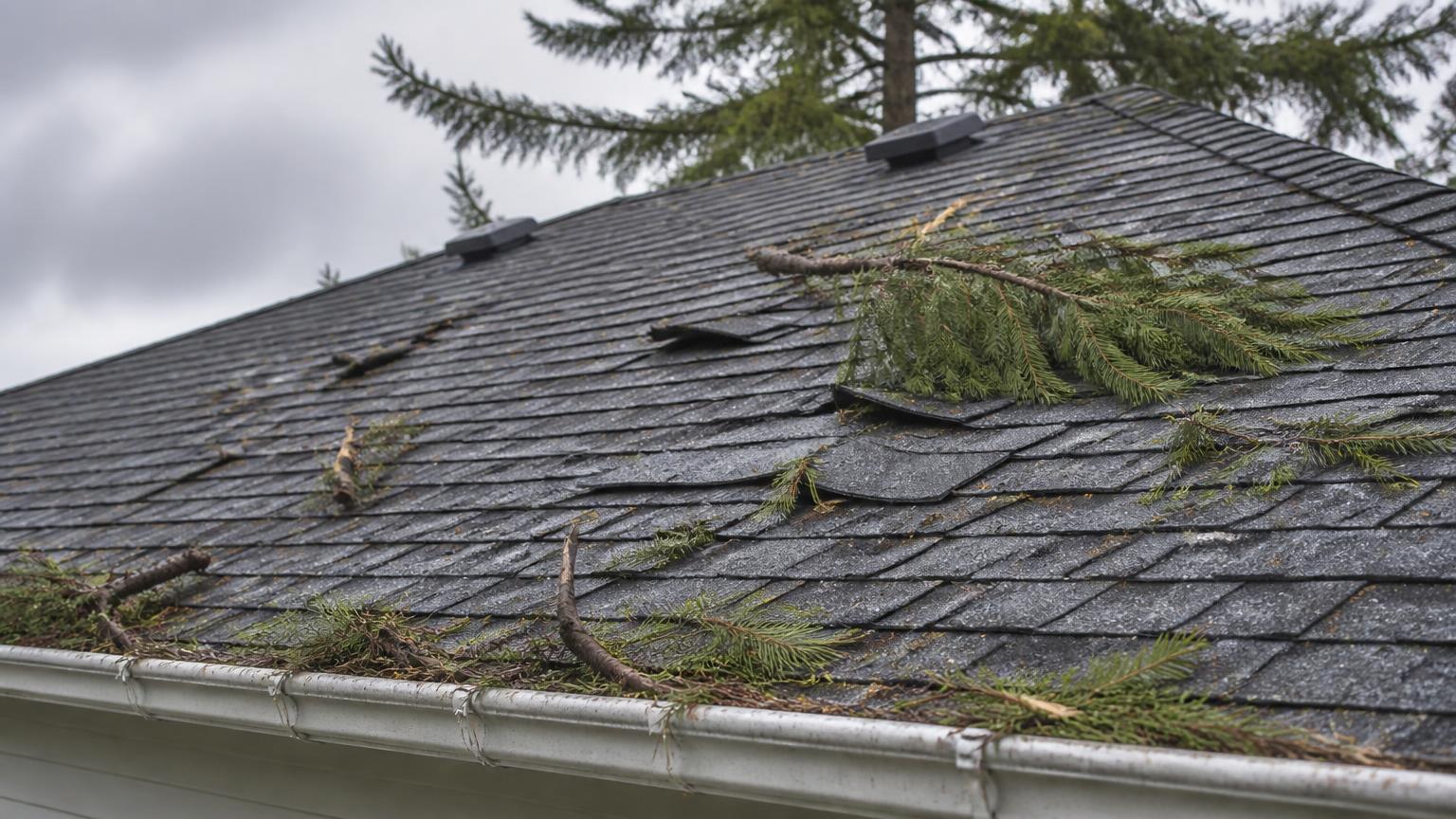Asphalt shingle roof with lifted shingles and fallen fir branches after a coastal BC windstorm