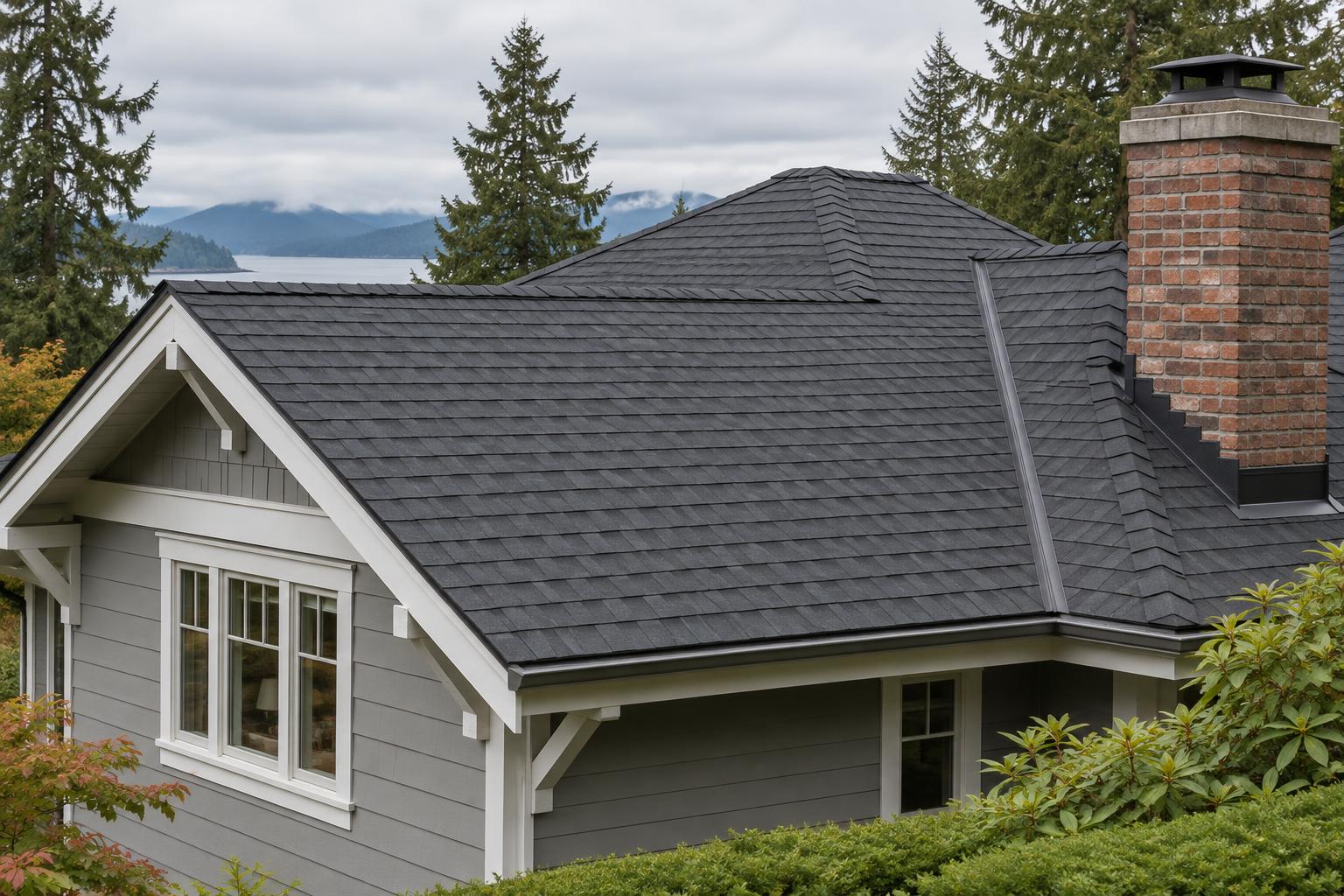 Newly completed charcoal shingle roof with clean valley and stepped chimney flashing on a coastal BC home