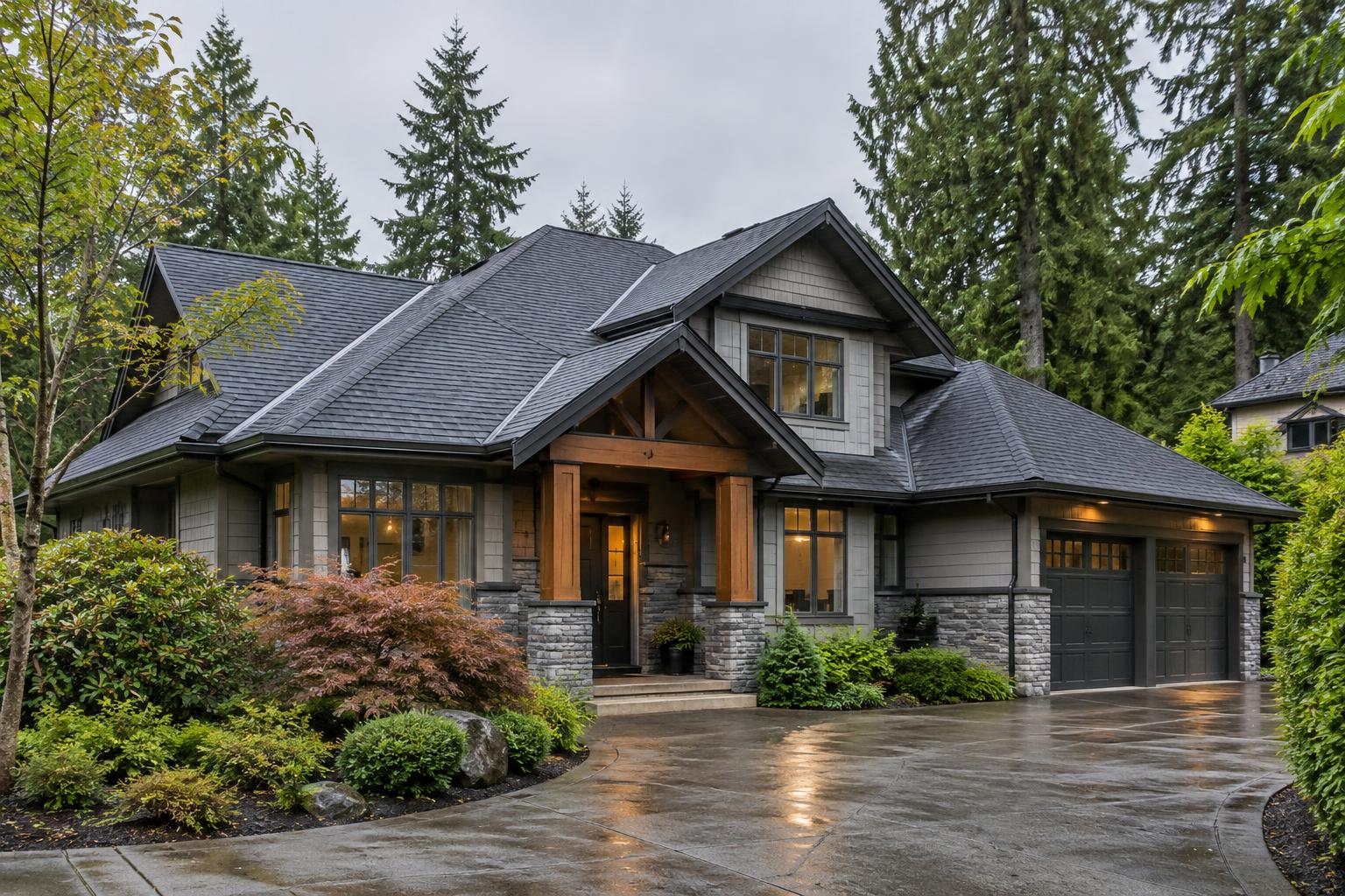 West Coast home with architectural asphalt roofing in a wooded coastal neighbourhood