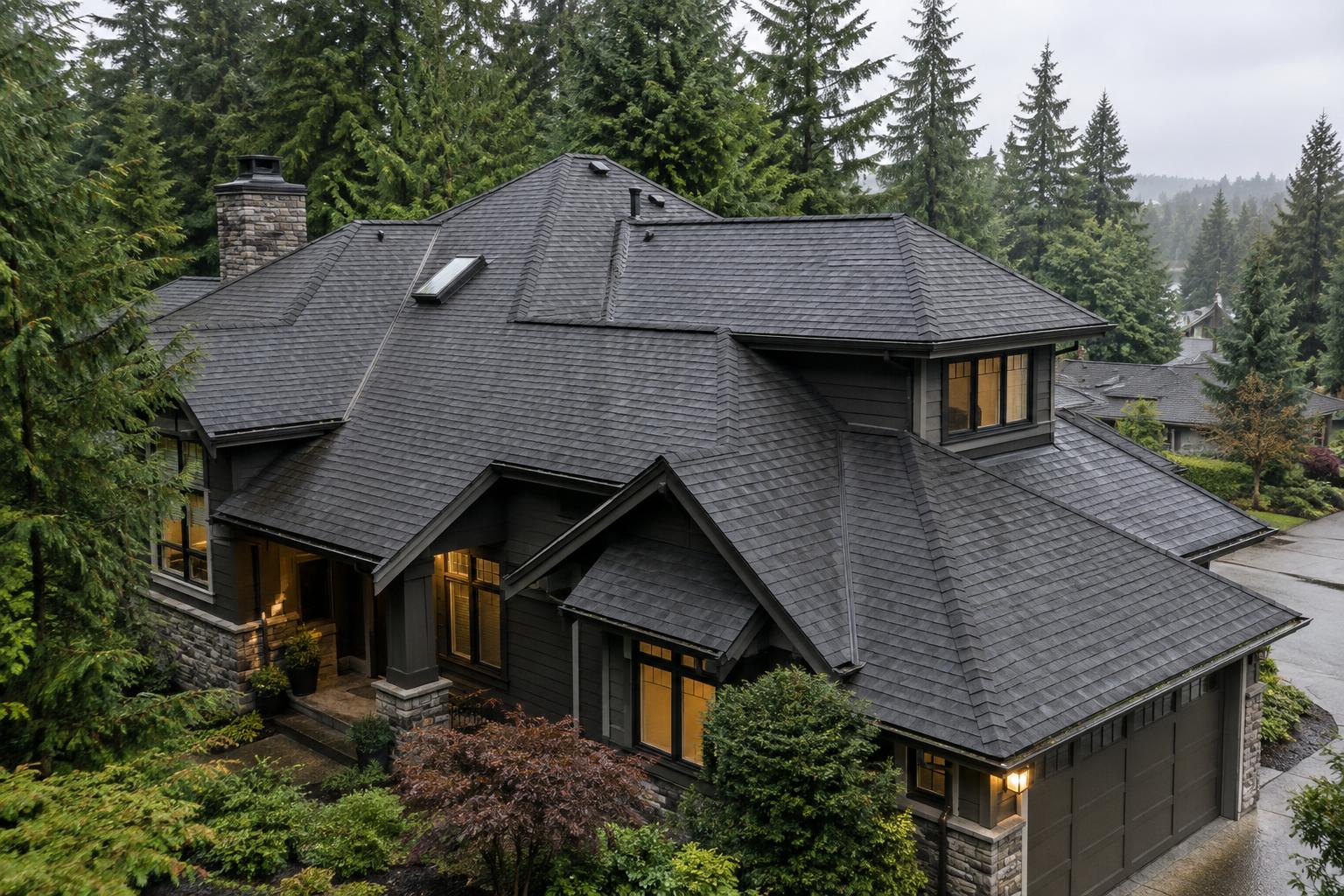 Steep-slope home with a complex architectural shingle roof beneath mature conifers