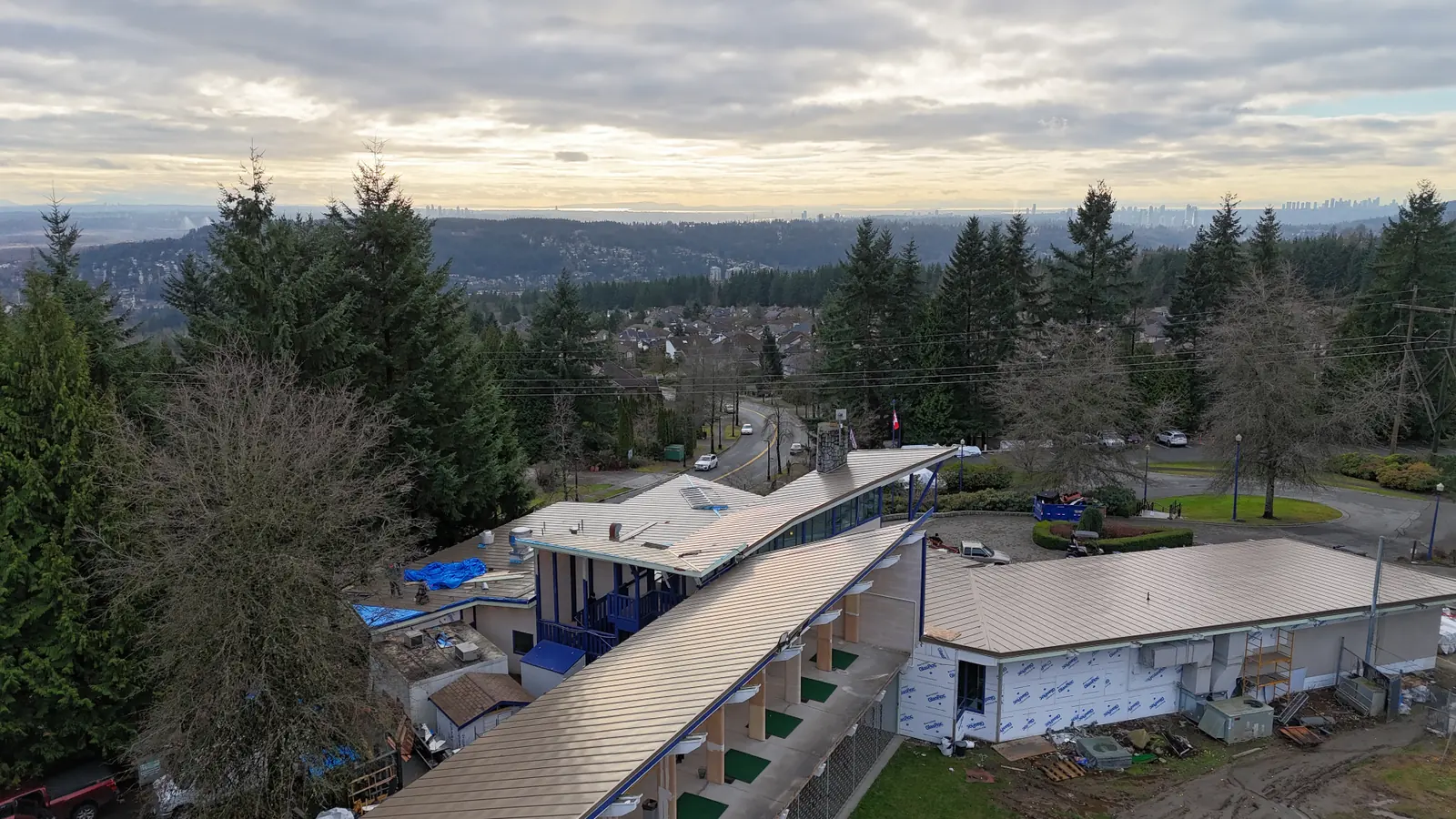 Aerial view of the GreenTee Academy metal roofing project