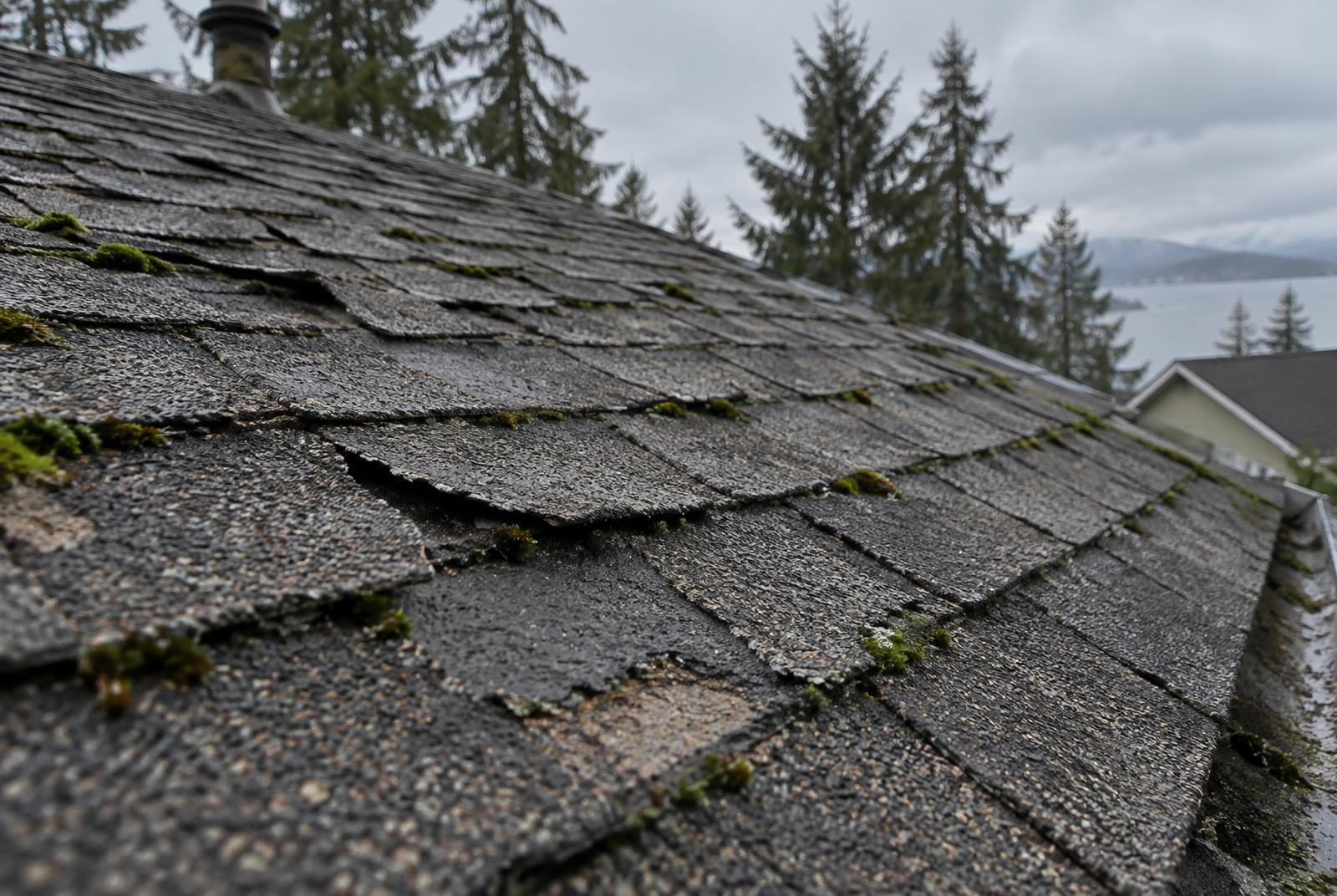 Curling, granule-worn asphalt shingles with moss on a coastal BC roof