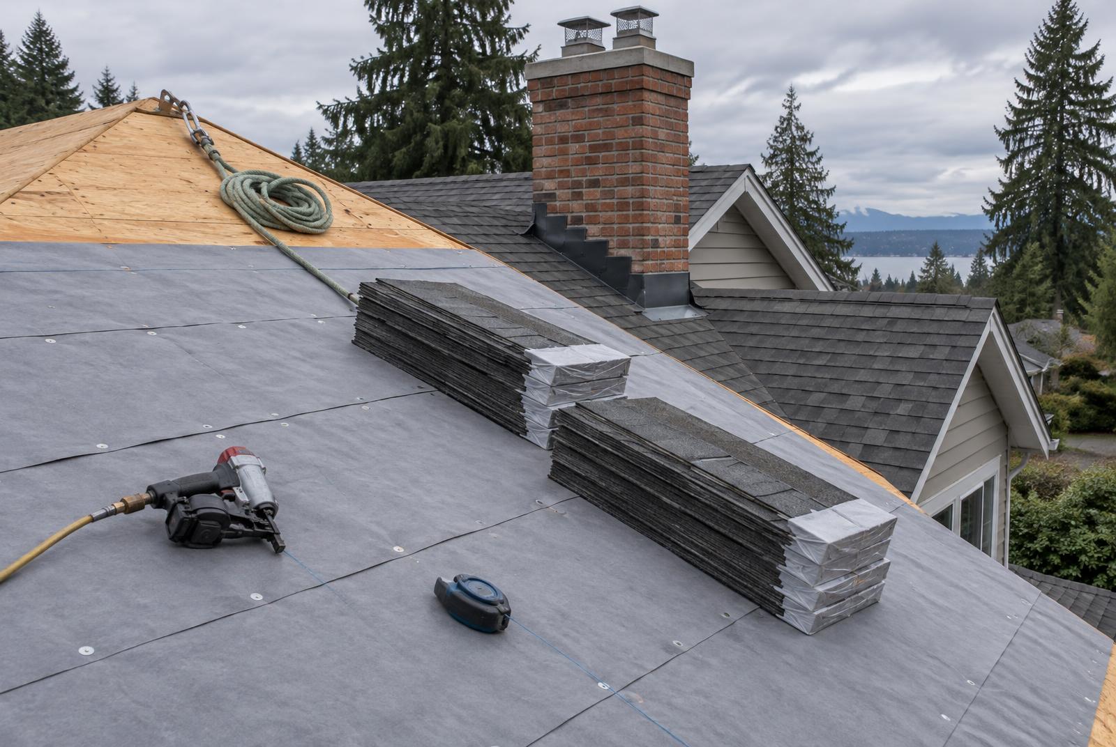 Lower Mainland home mid roof replacement with new underlayment and shingle bundles staged on the roof