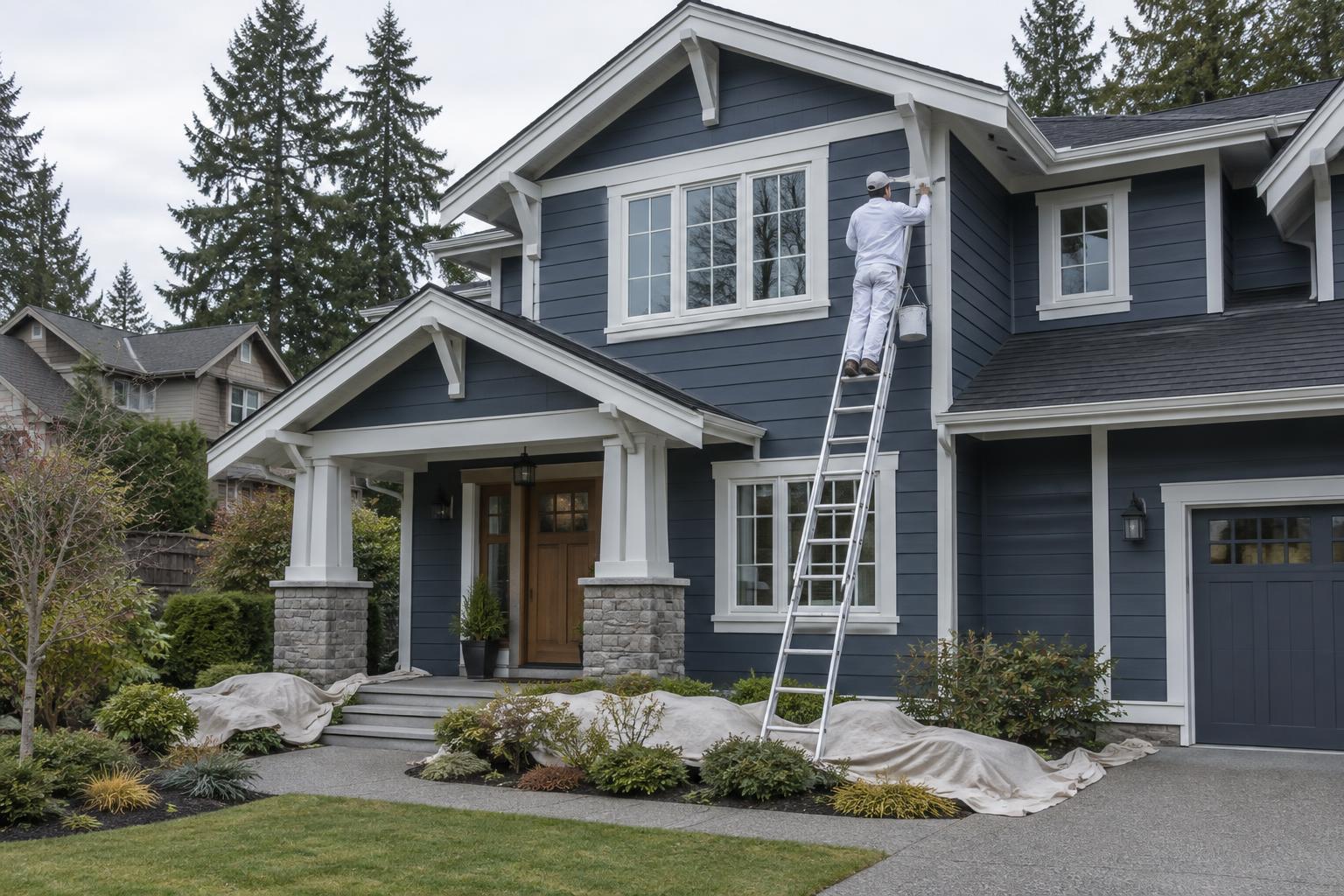 Painter on a ladder brushing the trim of a slate-blue craftsman home