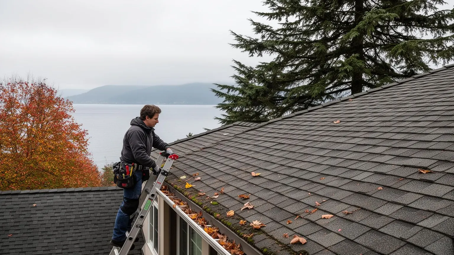 Roofing professional inspecting a residential shingle roof from a ladder