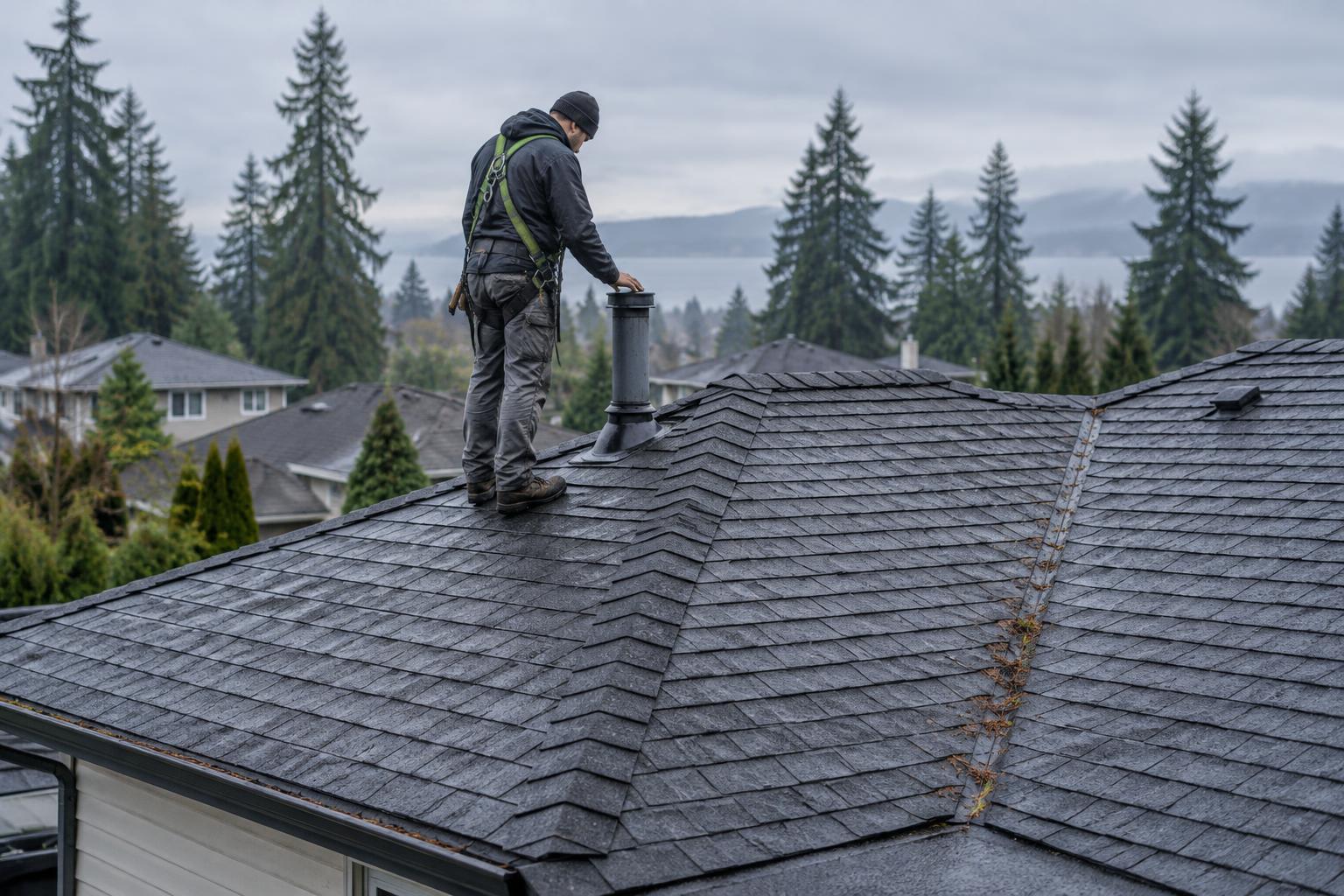 Roofing professional inspecting a residential shingle roof from a ladder